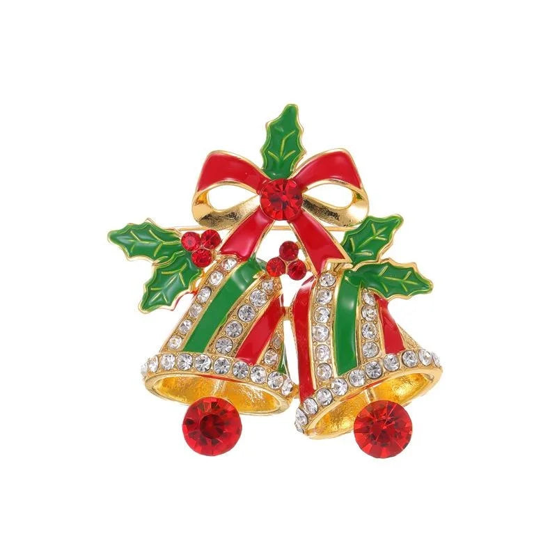 Luxury Christmas Bell Bow Enamel Rhinestone Brooch For Women, Festive Lapel Pin Corsage Gift