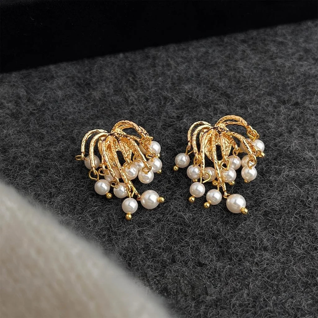 French Vintage Firework Tassel Pearl Drop Earrings For Women