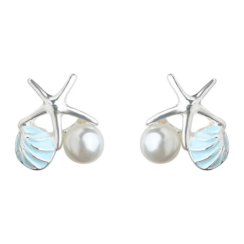 Fresh Sweet Ocean Style Copper Stud Earrings With Pearl Shell Starfish Silver Plated Posts