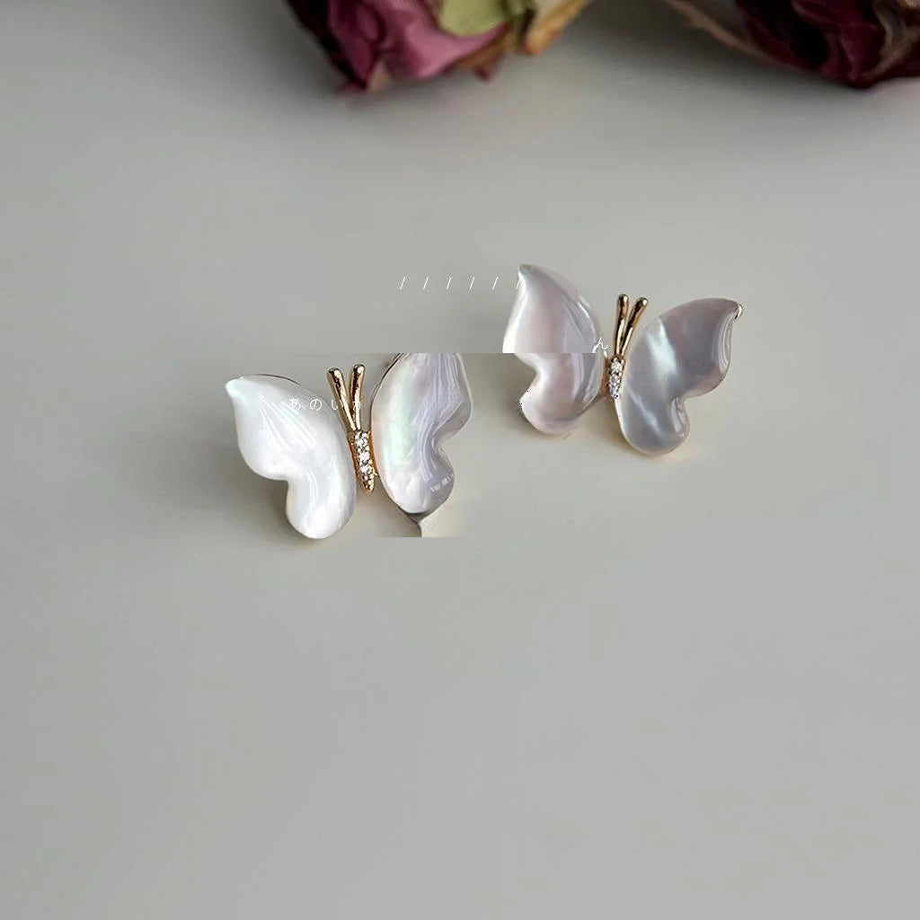 14K Gold Plated Copper Real Shell Butterfly Micro Pave Zircon Sweet Summer Stud Earrings