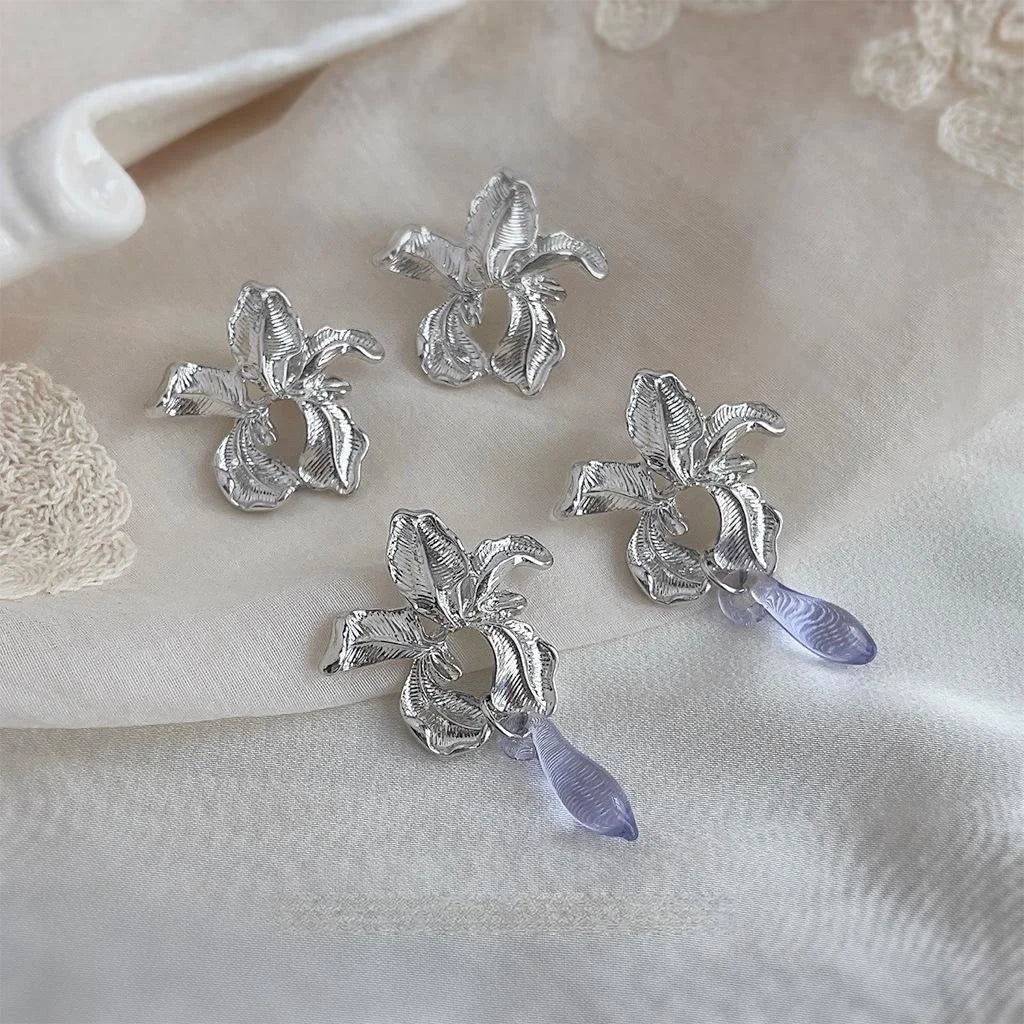 Designer Iris Flower Glass Crystal Copper Drop Earrings Elegant Premium Floral Jewelry