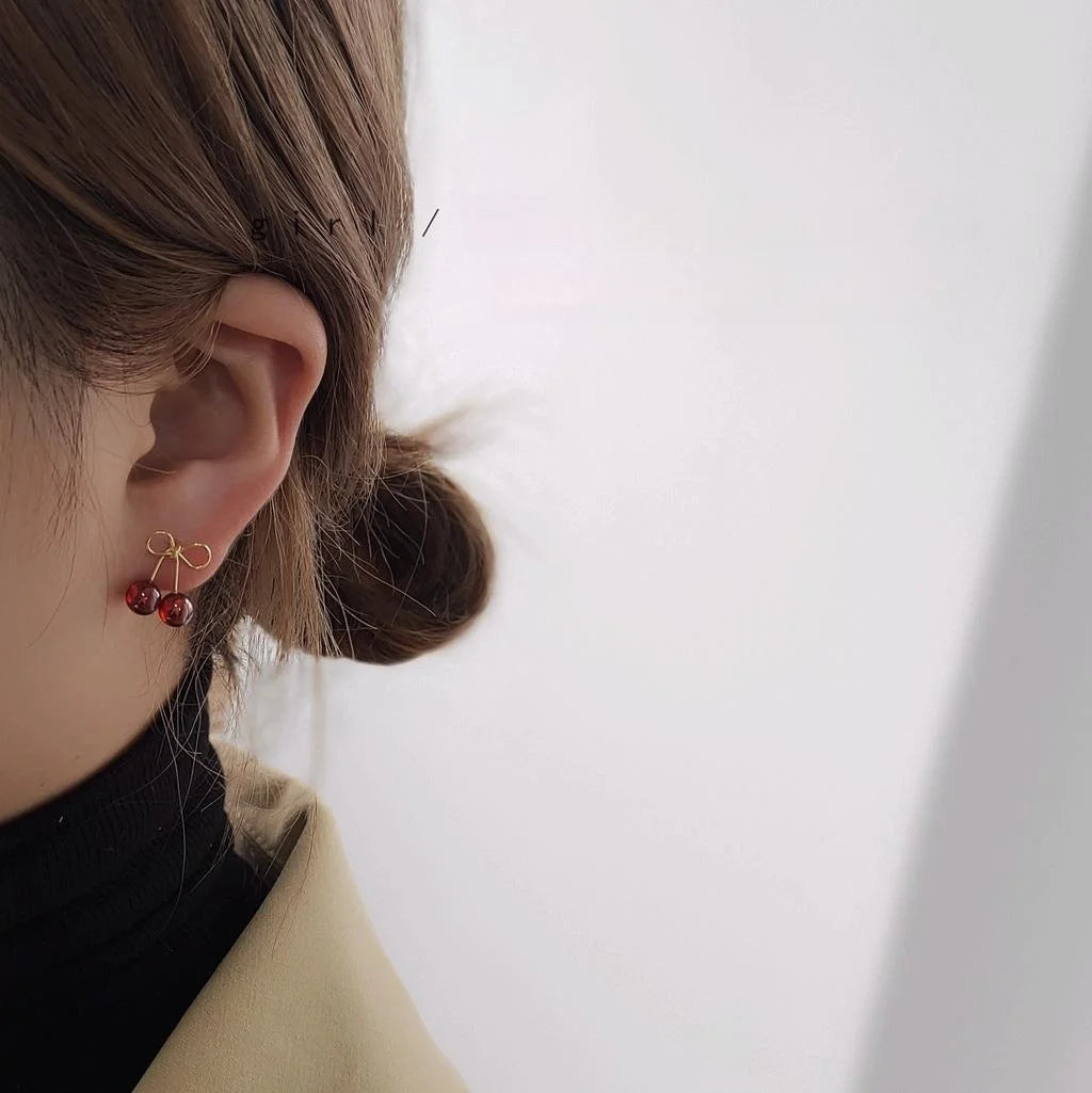 14K Gold Plated Garnet Small Cherry Stud Earrings Vintage French Korean Style Jewelry