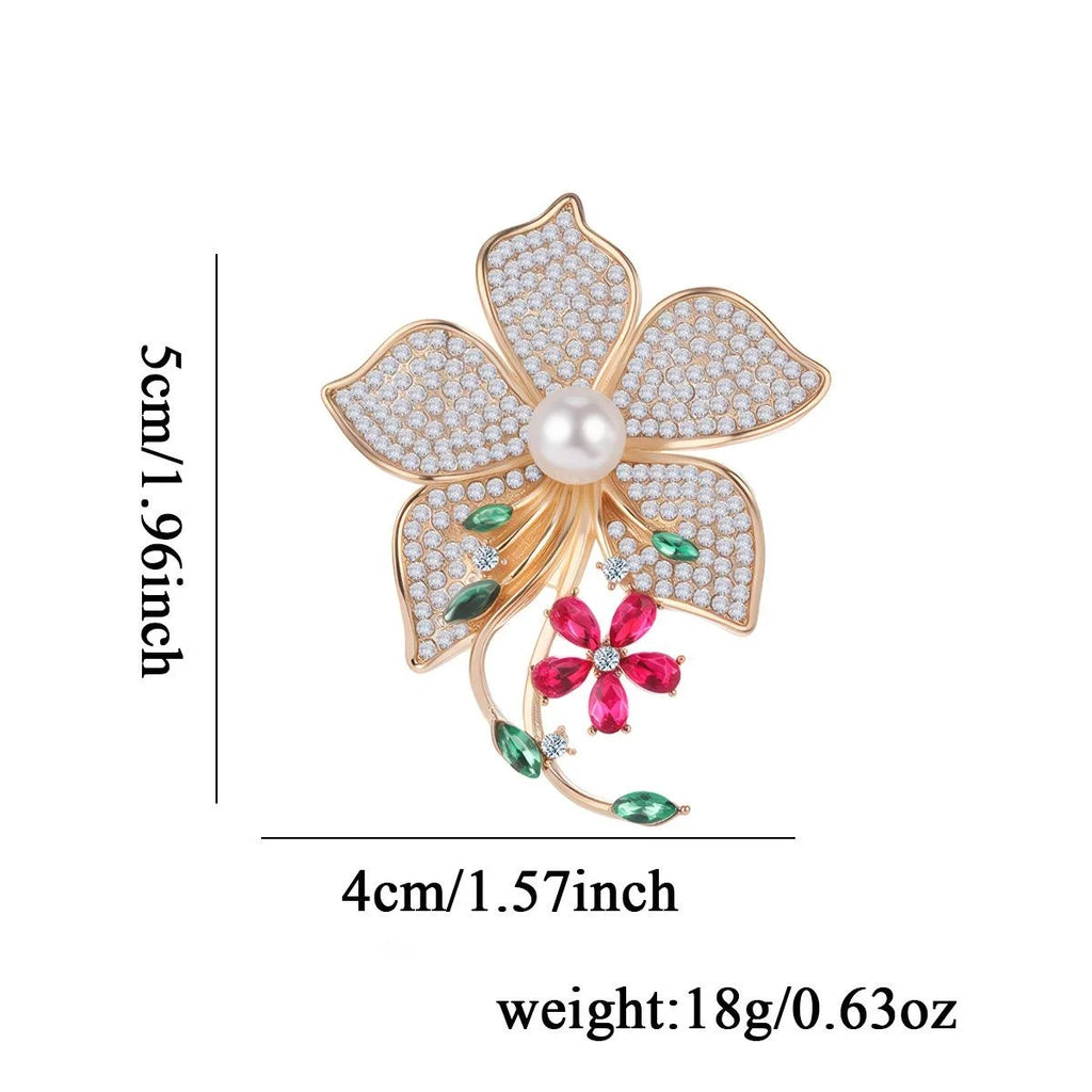 Elegant Pearl And Rhinestone Flower Brooch With Colorful Crystal Leaves, Women's Lapel Pin Suit Accessory Gift