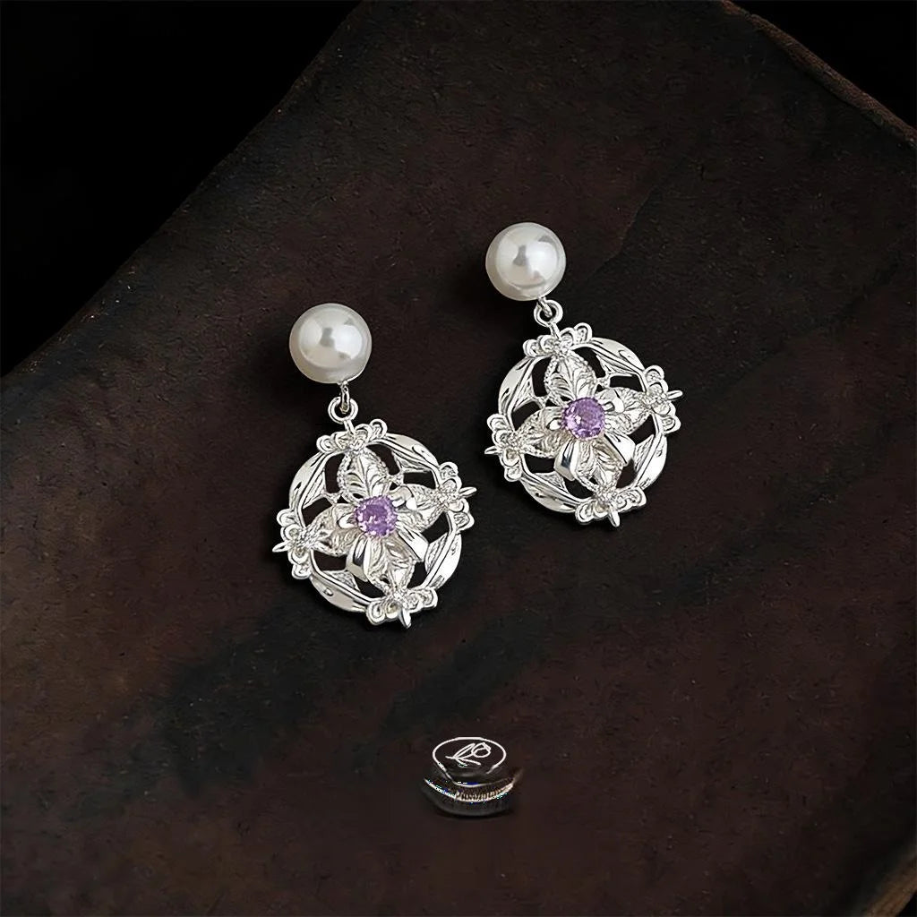 French Vintage Iris Floral Zircon Eco-Friendly Copper Geometric Drop Earrings for Women