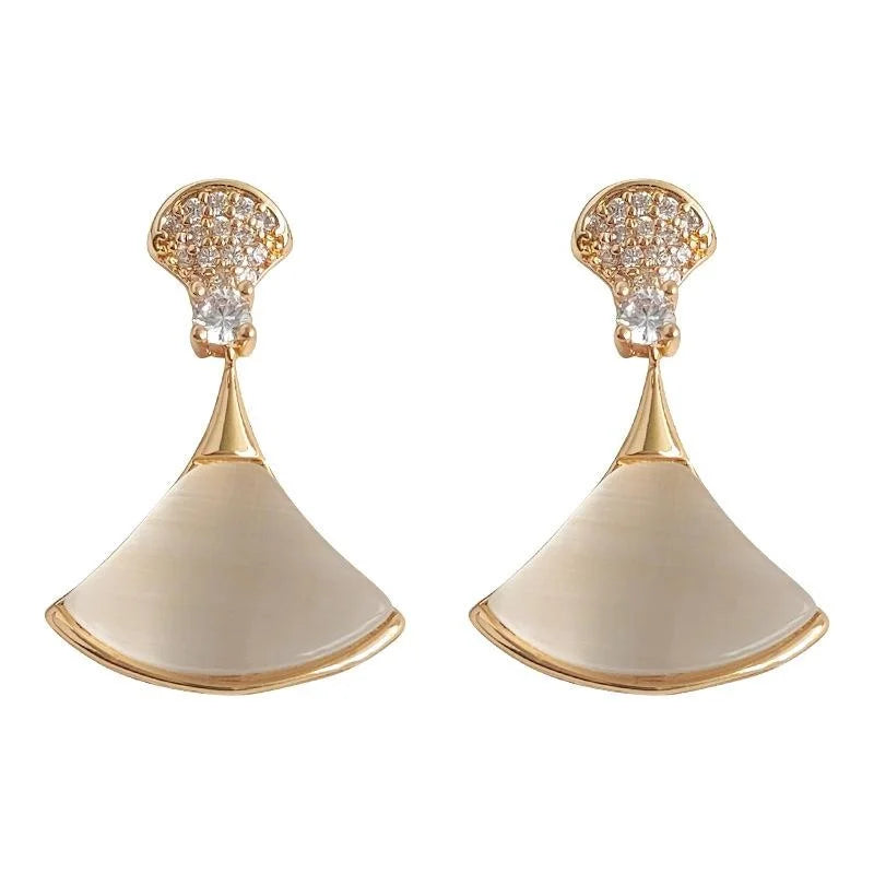 Light Luxury 14K Gold Plated Copper Glass Cat Eye Ginkgo Leaf Zircon Stud Earrings
