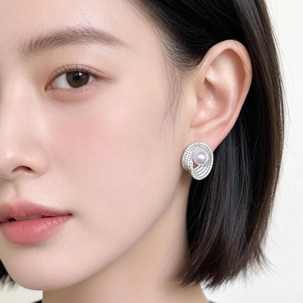 Luxury Copper Zircon Micro Pave White Pearl Geometric Mobius Ring Stud Earrings For Women