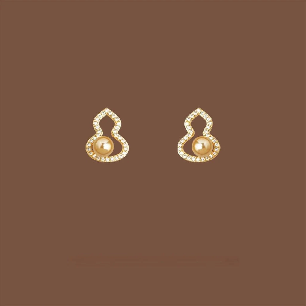 Light Luxury Copper Gourd Stud Earrings With Micro Pave Zircon, Pearl Accent