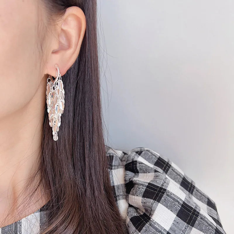 Elegant Shiny Silver Alloy Leaf Sequin Long Tassel Statement Stud & Clip On No Piercing Earrings