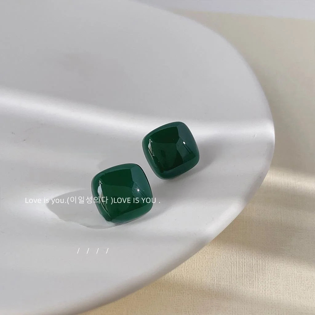 Dark Green Square Resin Stud Earrings With Silver Plated Pins Minimalist Geometric Jewelry