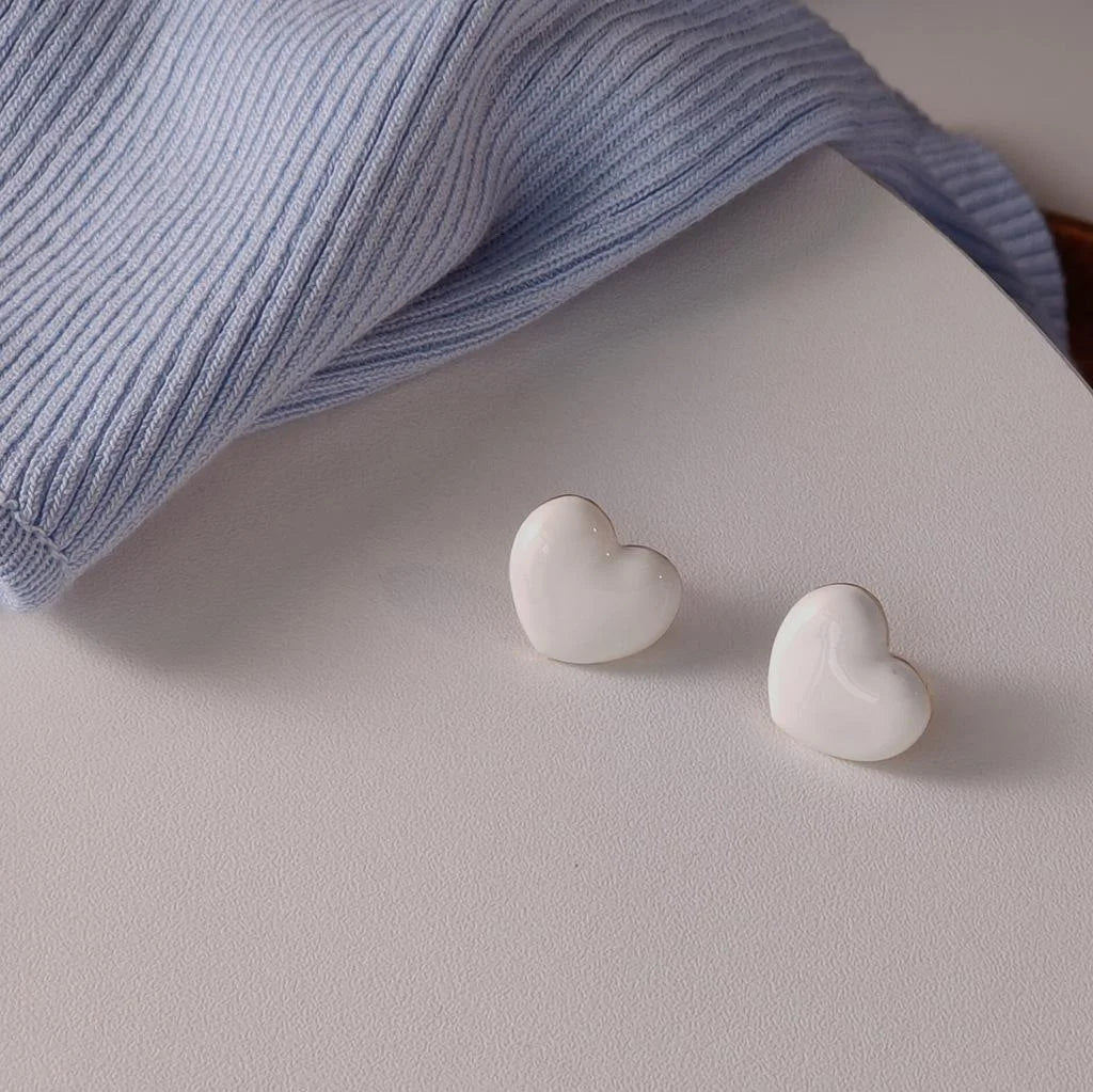 14K Plated Alloy Heart Stud Earrings Burgundy Enamel Milky White Korean Japanese Style