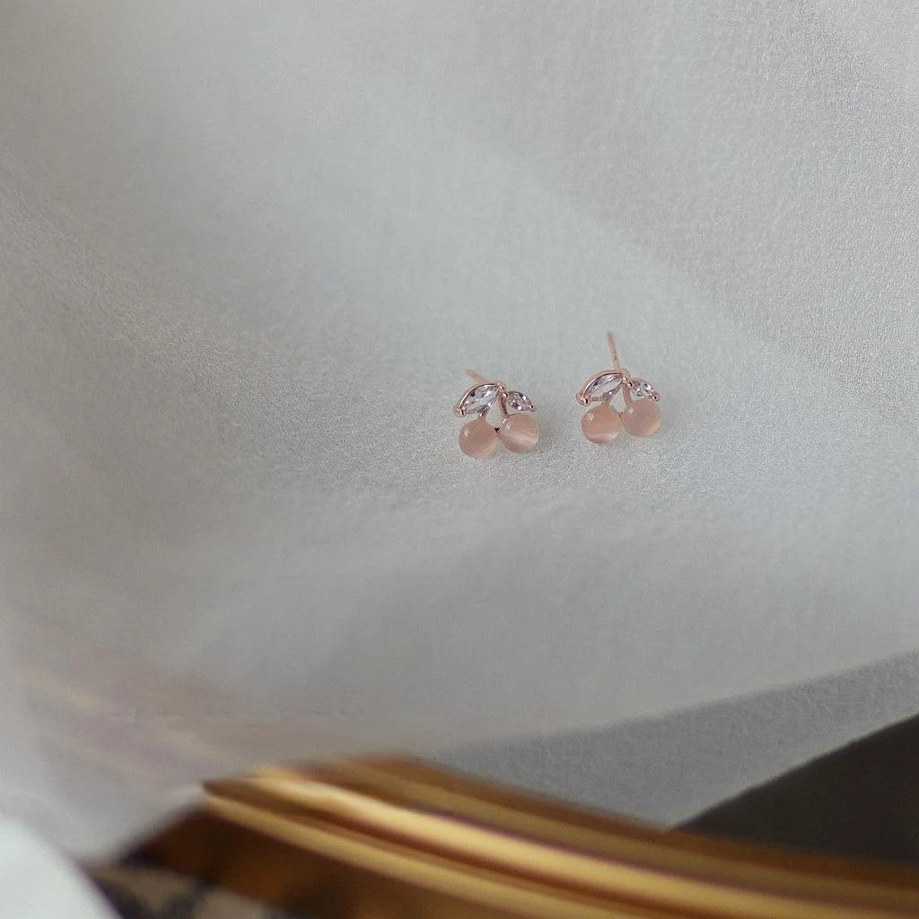 Sweet Korean Japanese Cherry Cat Eye Stone Zircon 14K Gold Plated Stud Earrings For Women
