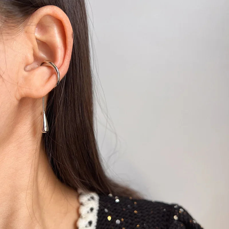 Elegant Silver Alloy Ear Cuff Chain Tassel Waterdrop Stud & Clip On No Piercing Long Drop Earrings