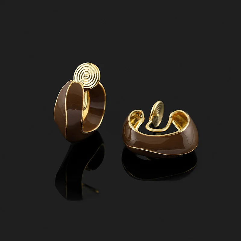 Elegant Vintage Brown Enamel Geometric Spiral Disc Alloy Wide Hoop Stud & Clip On No Piercing Earrings