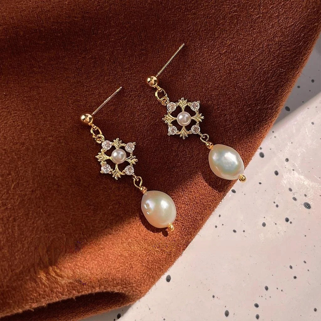 Vintage Geometric Baroque Freshwater Pearl Stud Earrings 14K Plated Copper Micro Pave Zircon