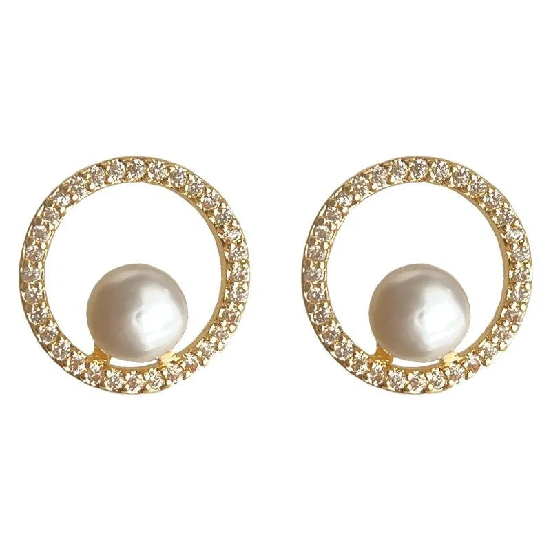 Freshwater Pearl Copper Stud Earrings Micro Pave Zircon Geometric Round Hollow Line Jewelry