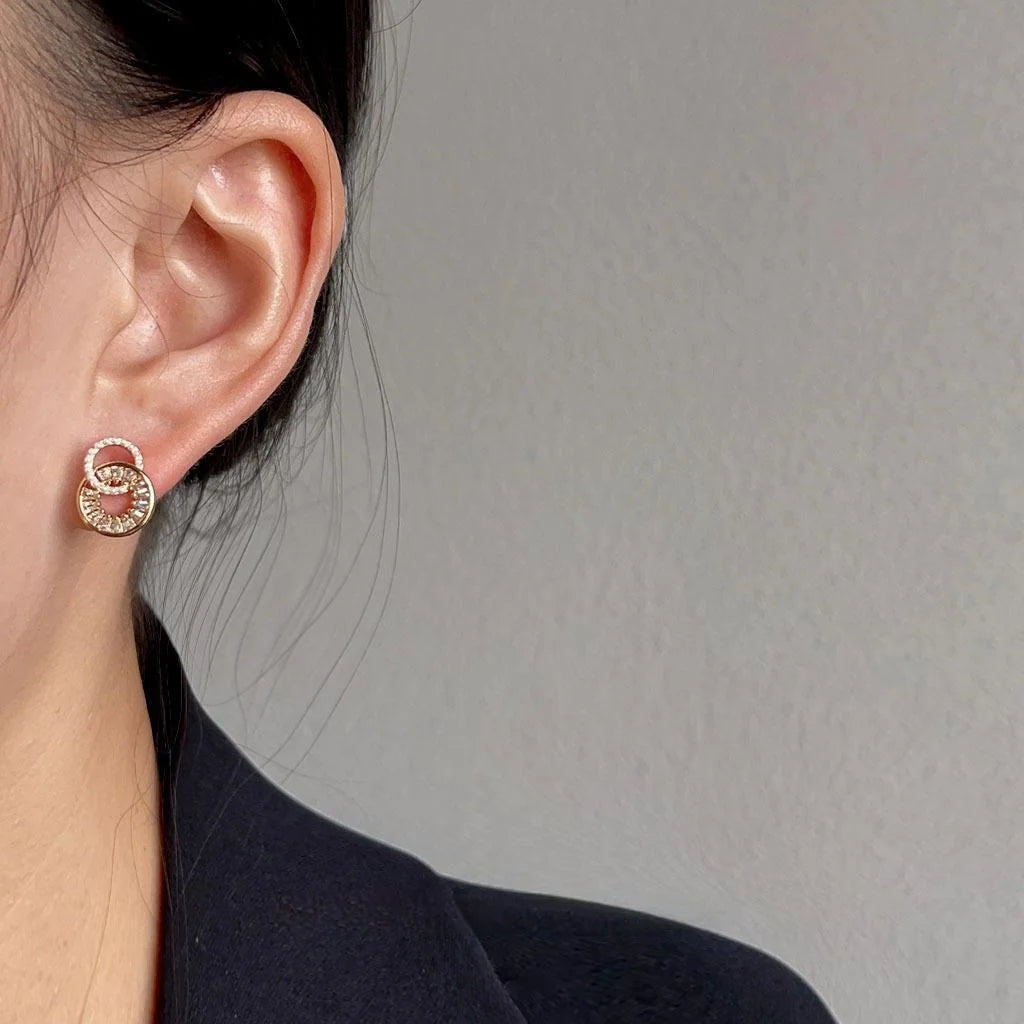 14K Gold Plated Copper Geometric Round Zircon Micro Pave Stud Earrings Minimalist Luxury