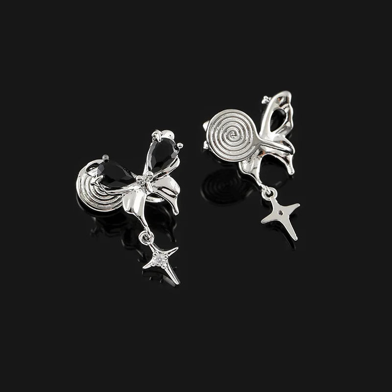 Black Butterfly Zircon Star Dangle Stud & Clip On No Piercing Alloy Sweet Cool Earrings