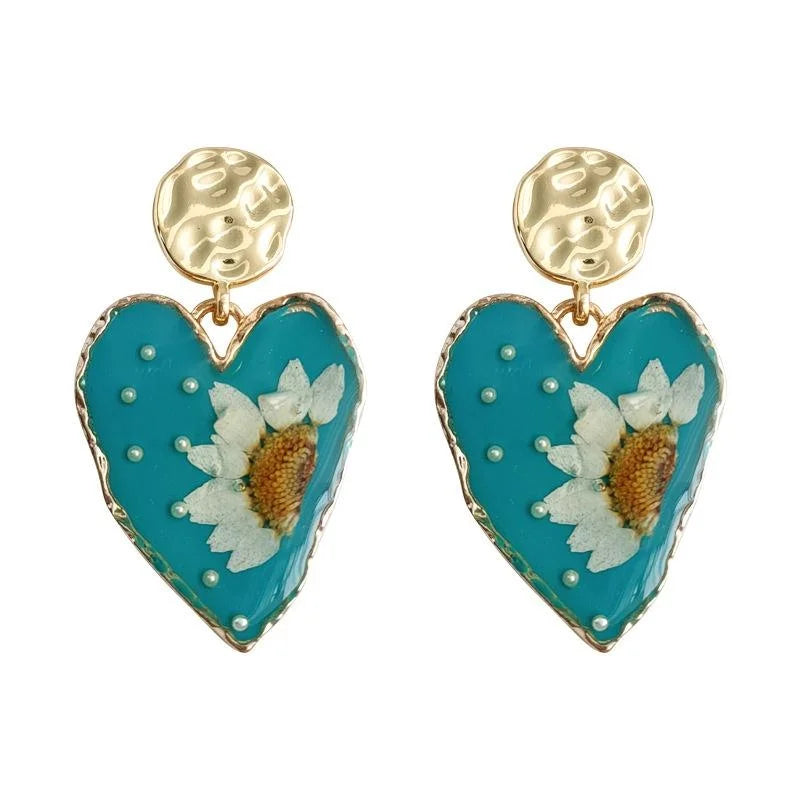 Oil Painting Style Dried Daisy Heart Drop Earrings Handmade Resin Copper French Vintage Vacation Jewelry