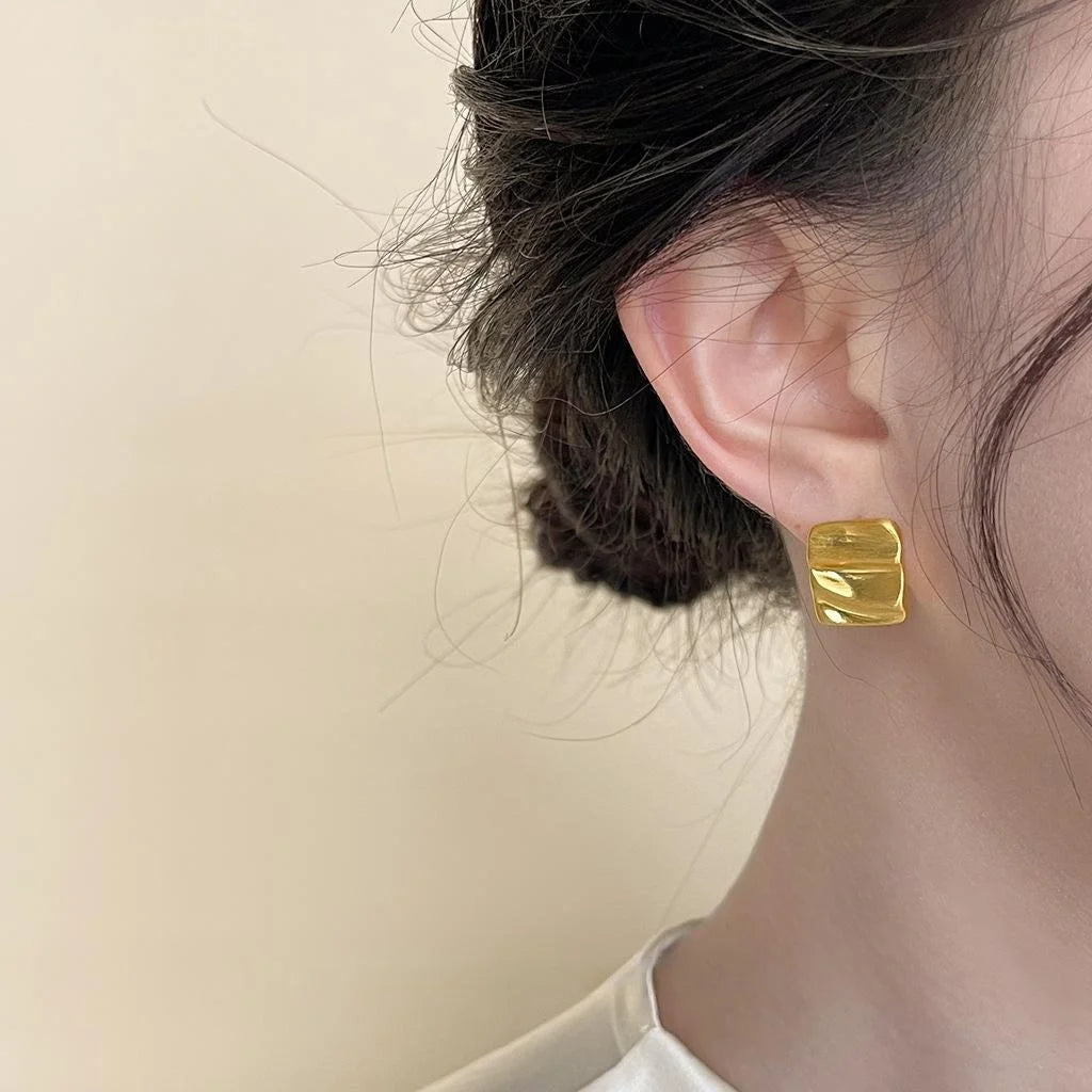 Premium 14K Gold Plated Copper Square Stud Earrings Brushed Geometric Curved Wrinkle Design