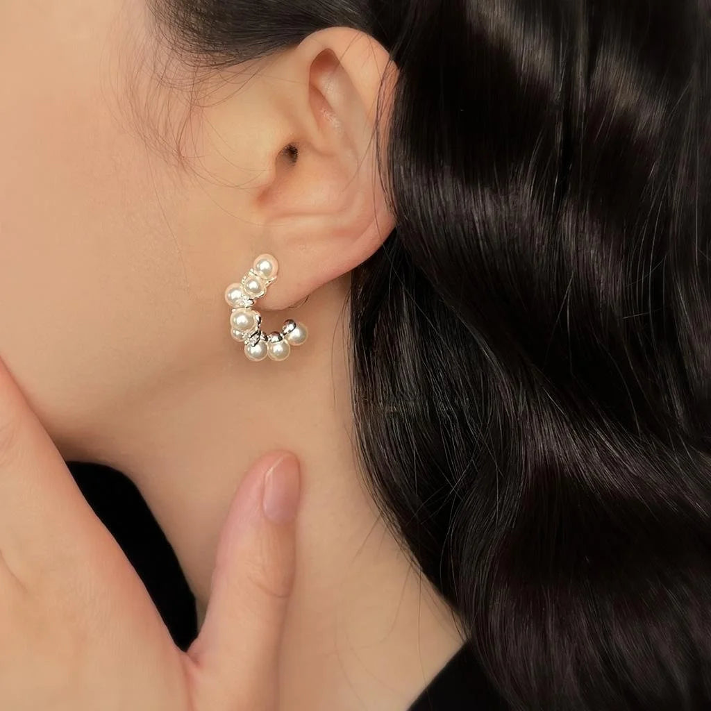 Light Luxury Copper Geometric Synthetic Pearl Drop Earrings With Zircon Pave