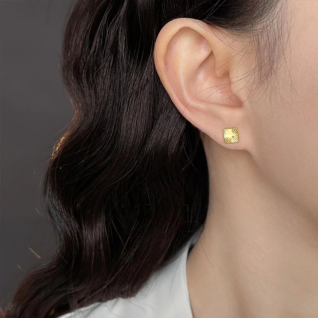 18K Real Gold Plated Copper Geometric Square Faceted Stud Earrings, Light Luxury