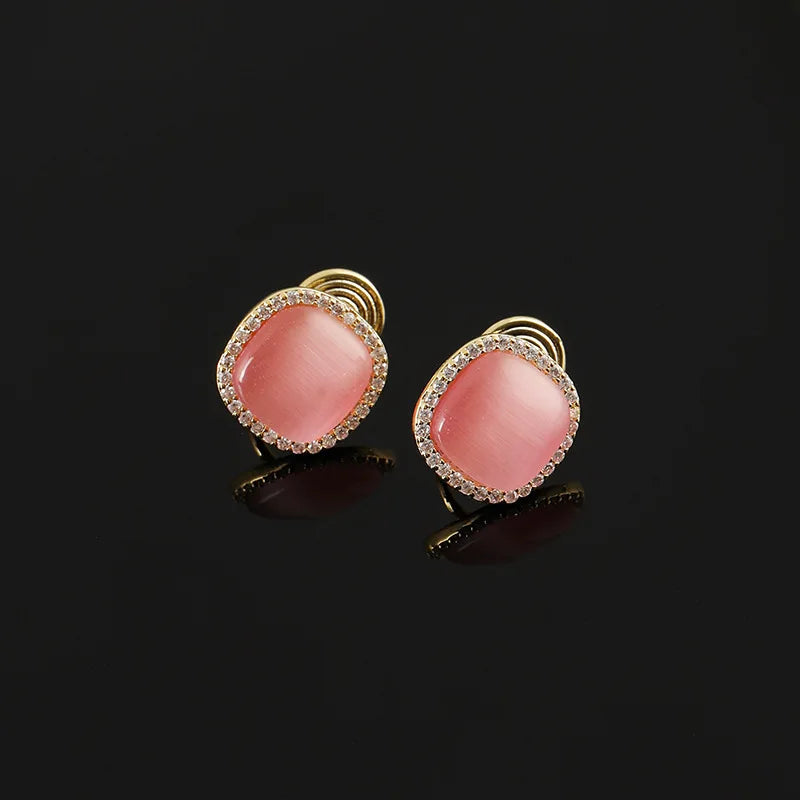 Elegant Pink Cat Eye Square Zircon Halo Stud & Clip On No Piercing Women's Fashion Earrings
