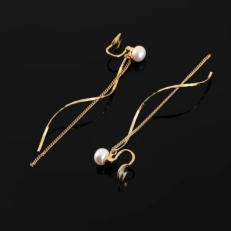 Elegant Natural Pearl Swirl Tassel Chain Stud & Clip On No Piercing Gold Tone Alloy Long Drop Earrings