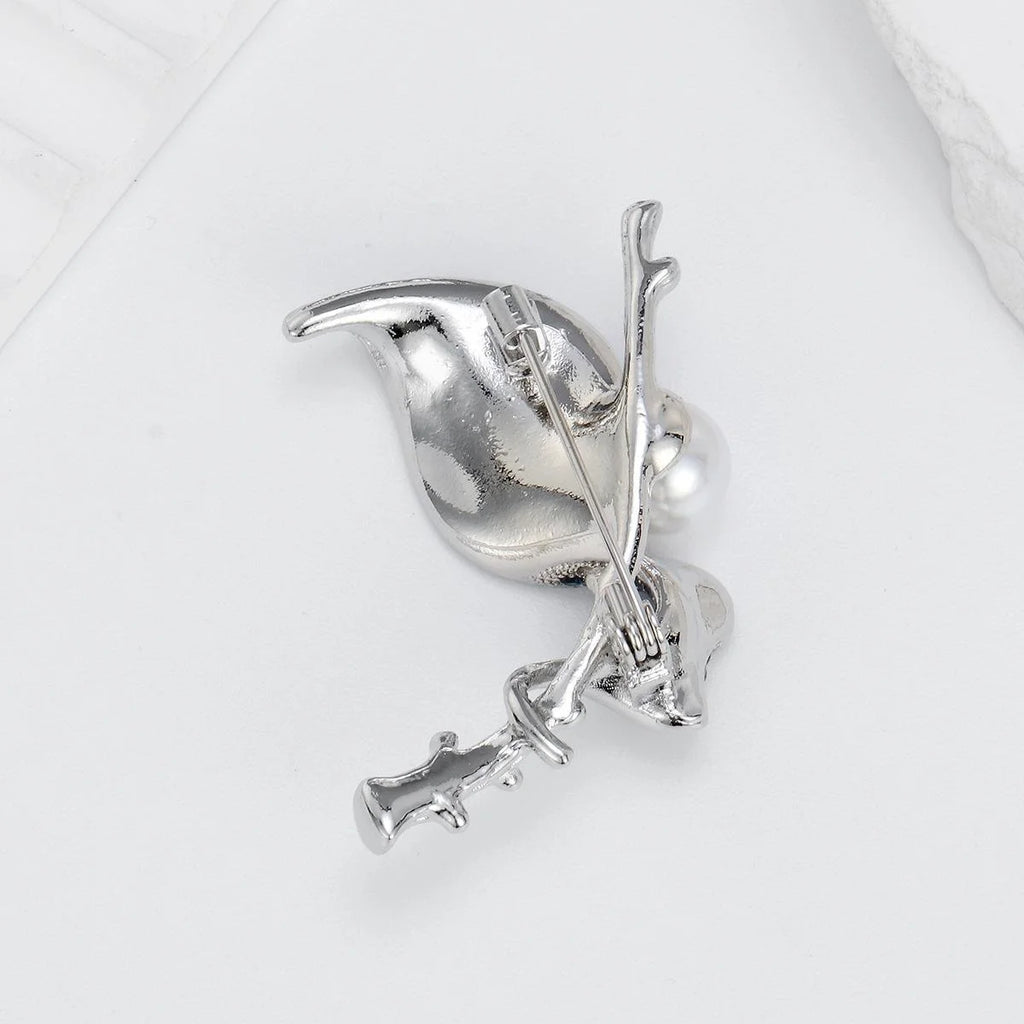 Elegant Pearl Leaf Brooch With Blue Rhinestone Alloy Branch, Luxury Lapel Pin Corsage For Suit And Sweater Gift