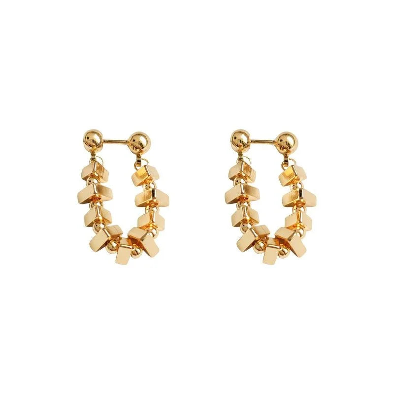 Vintage Copper Geometric Square Chain Stud Earrings, Handmade Light Luxury Commuter Jewelry