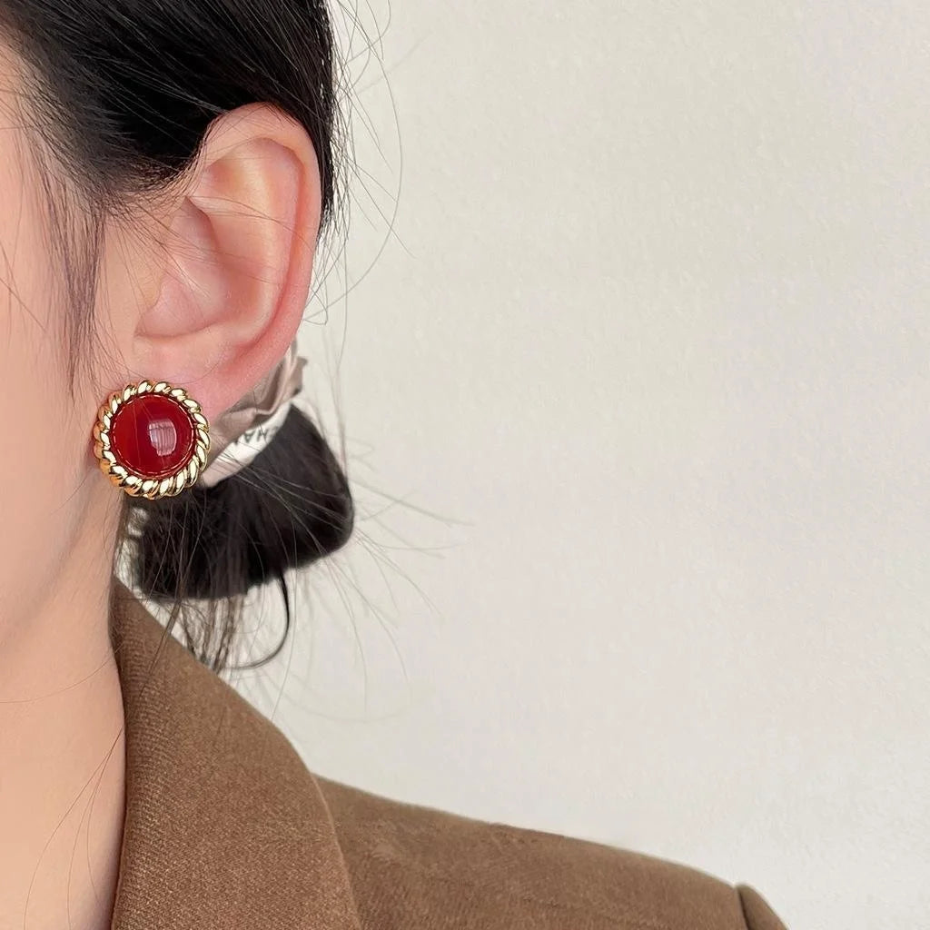 Vintage Red Round Copper Stud Earrings, French Palace Geometric Elegant Style
