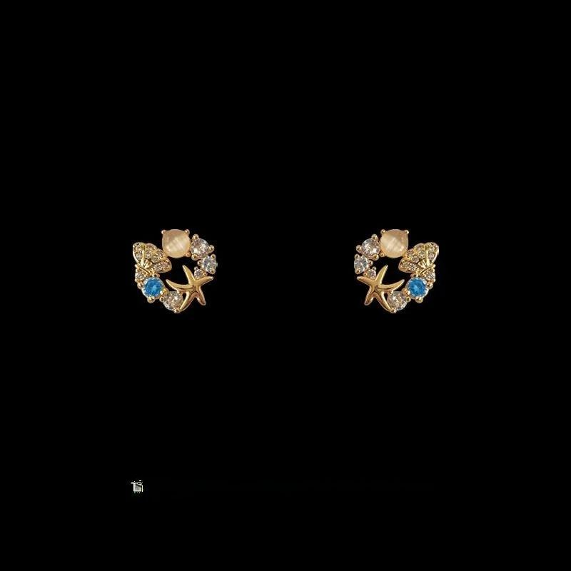 14K Gold Plated Copper Starfish Stud Earrings With Zircon And Cat Eye Stone, Unique Designer Jewelry