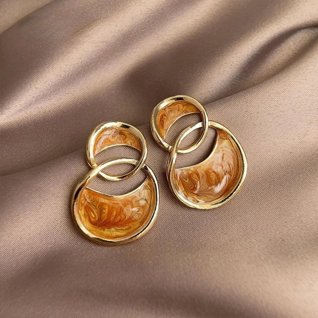 Maillard Style Double Hoop Drop Earrings, French Vintage Hollow Geometric Enamel Jewelry