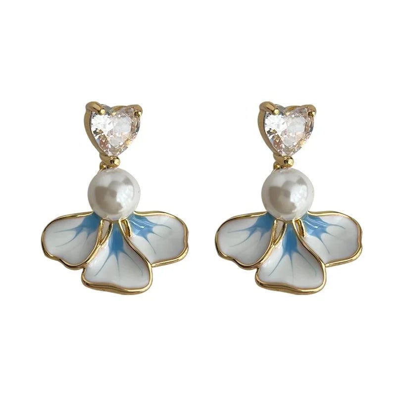 14K Plated Iris Flower Drop Earrings With Micro Pave Zircon And Glass Pearl Sweet Floral Jewelry