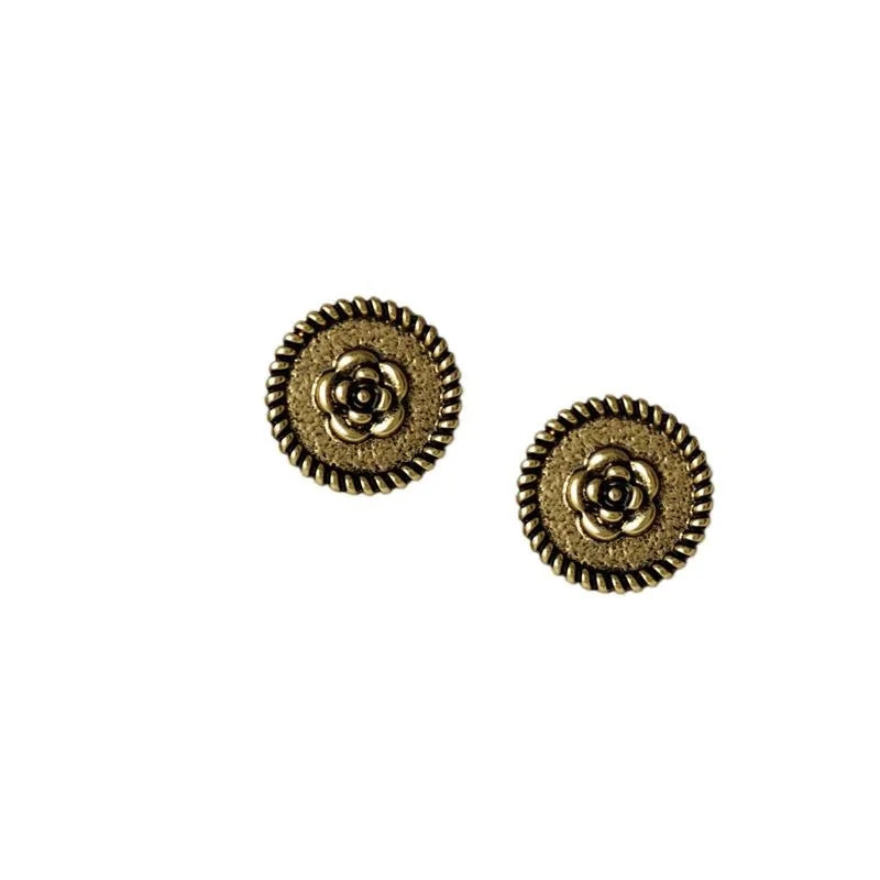 Antique Metal Flower Round Stud Earrings French Vintage Minimalist Jewelry