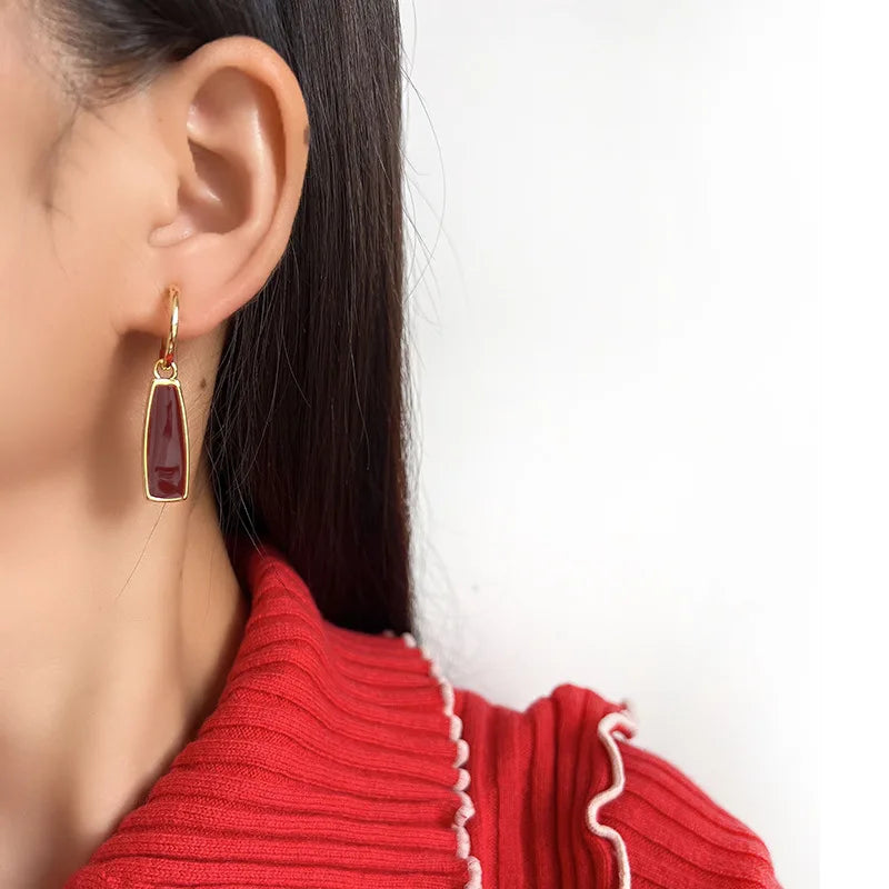 Elegant Red Enamel Geometric Bar Dangle Hoop Stud & Clip On No Piercing Gold Alloy Earrings