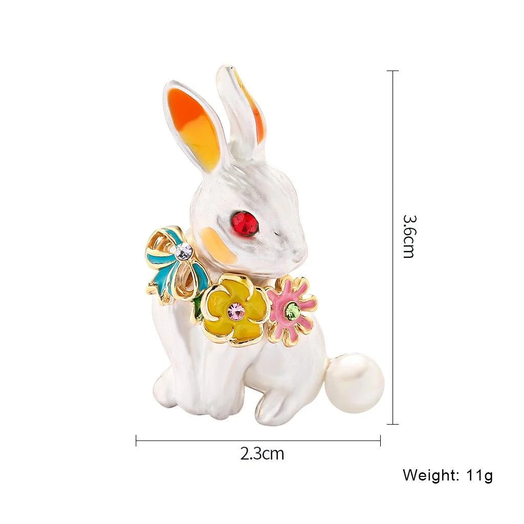 Cute Enamel Rabbit Brooch With Rhinestone Eyes, Alloy Flower Corsage Lapel Pin For Suit Accessory Gift