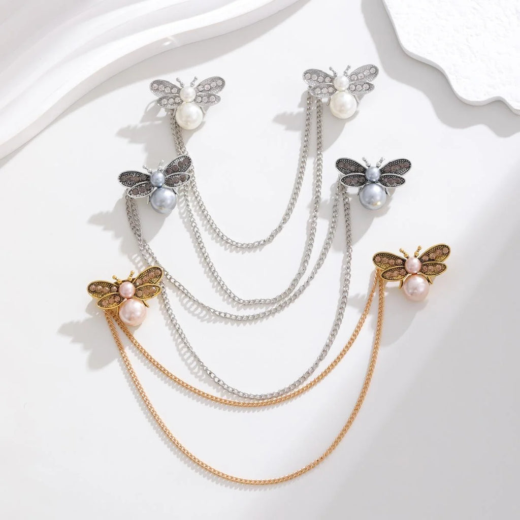 Elegant Rhinestone Pearl Bee Double Brooch With Draped Chain, Luxury Alloy Lapel Pin Corsage Suit Accessory Gift