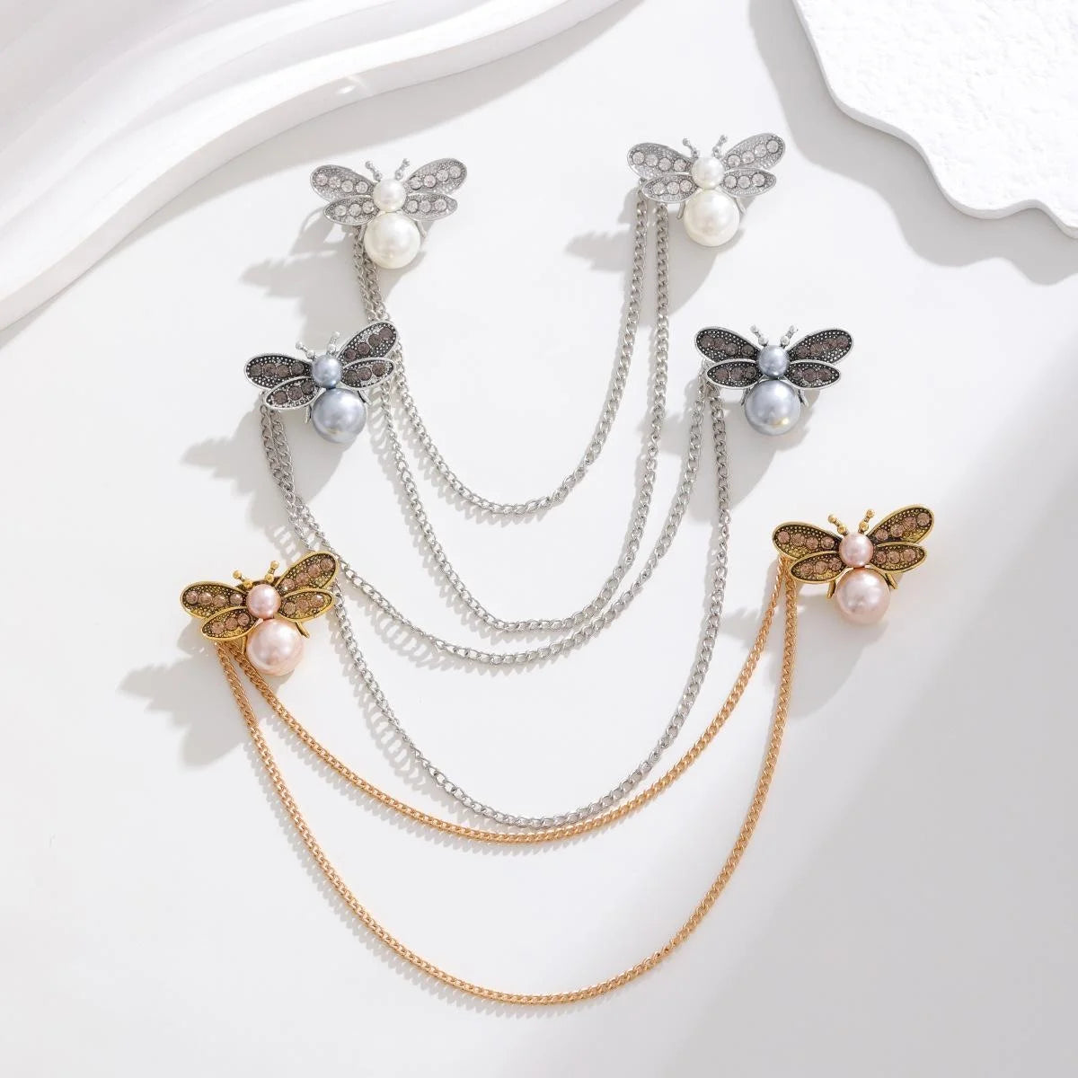 Elegant Rhinestone Pearl Bee Double Brooch With Draped Chain, Luxury Alloy Lapel Pin Corsage Suit Accessory Gift
