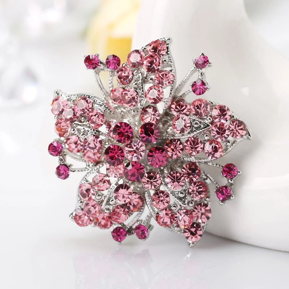 Elegant Purple Rhinestone Crystal Flower Brooch Pin, Silver Alloy Lapel Corsage For Wedding Suit Gift