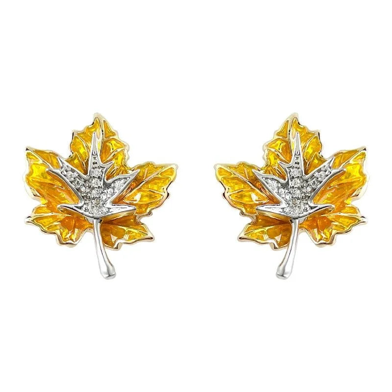 Elegant Two Tone Maple Leaf Enamel Zircon Copper Stud Earrings