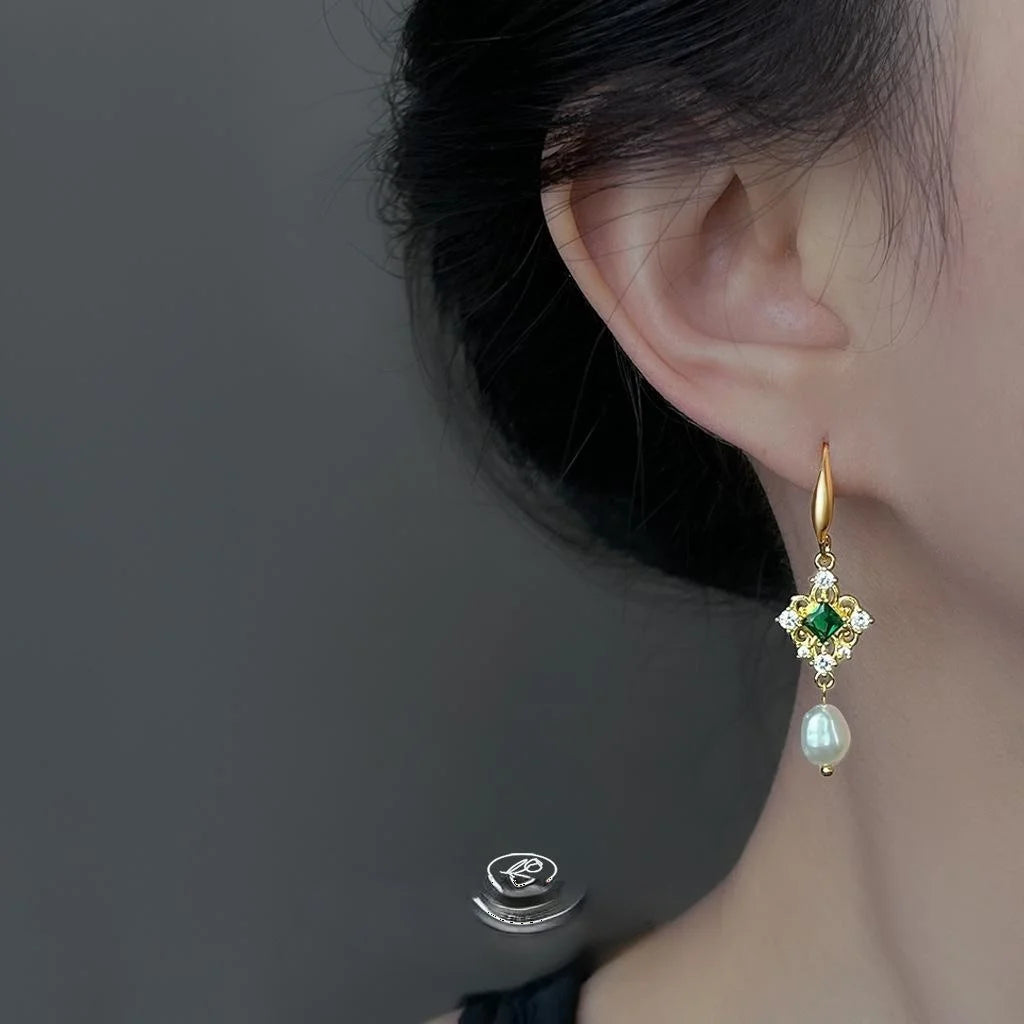 Hong Kong Style Baroque Freshwater Pearl Tassel Drop Earrings With Zircon Micro Pave Copper Geometric Design