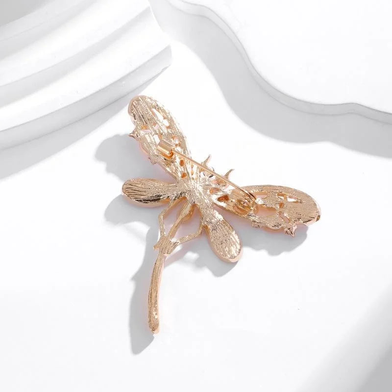 Elegant Rhinestone Dragonfly Brooch With Peach Stone Wings, Alloy Lapel Pin Corsage Suit Accessory