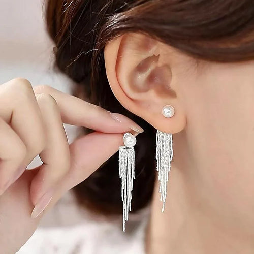 Convertible Light Luxury Silver Geometric Tassel Drop Earrings With Glass Pearls And Copper Alloy