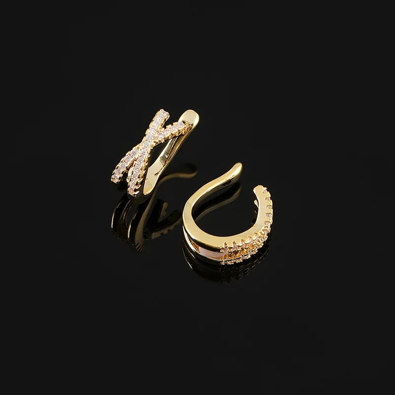 Elegant X Cross Zircon Ear Cuff Stud & Clip On No Piercing Layered Gold Alloy Women'S Earrings