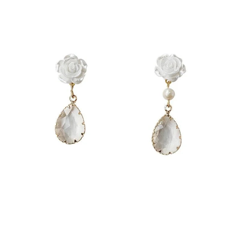 Light Luxury Transparent Resin Rose Flower Glass Crystal Water Drop Earrings for Women