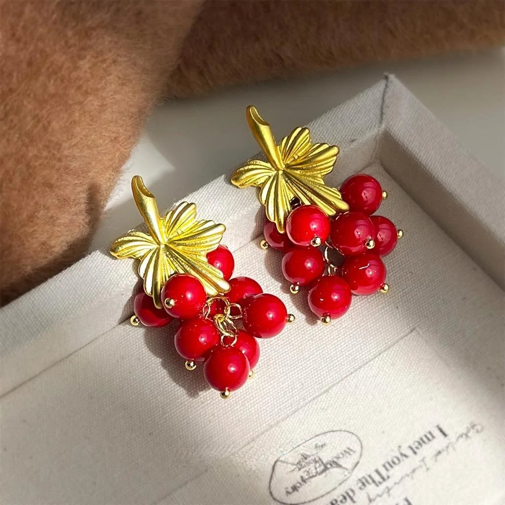 Ankora Style Red Grape Cluster Tassel Drop Earrings Handmade Copper Resin