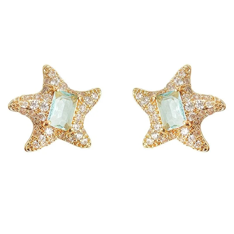 14K Gold Plated Copper Zircon Starfish Stud Earrings, Light Luxury Geometric Jewelry