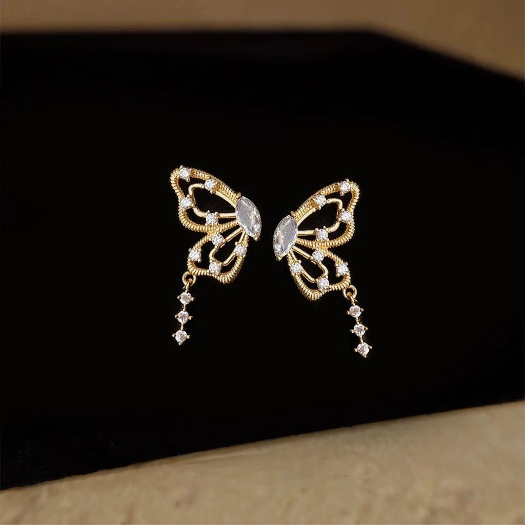 14K Gold Plated Butterfly Micro Pave Zircon Drop Earrings For Women, Elegant Fashion Jewelry