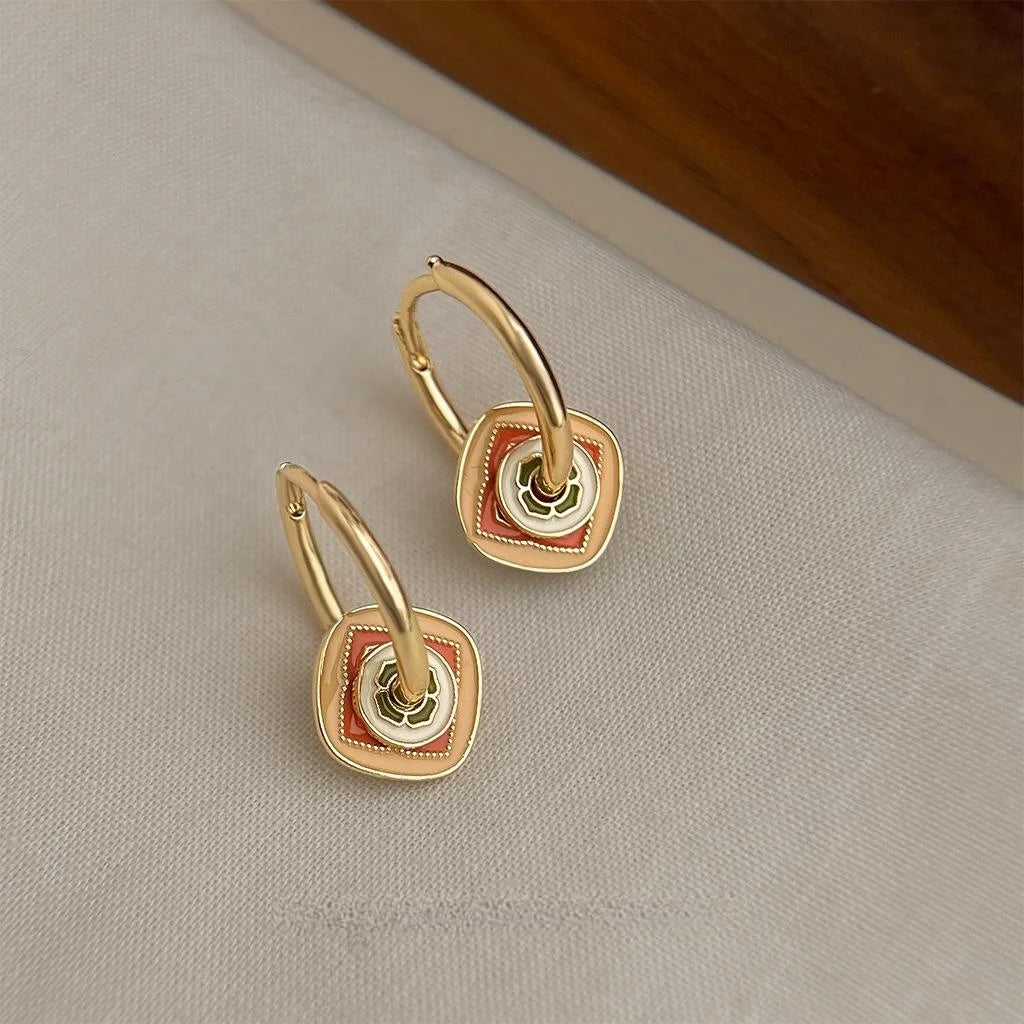 Designer Chinese Style Enamel Painted Geometric Copper Drop Earrings For Women