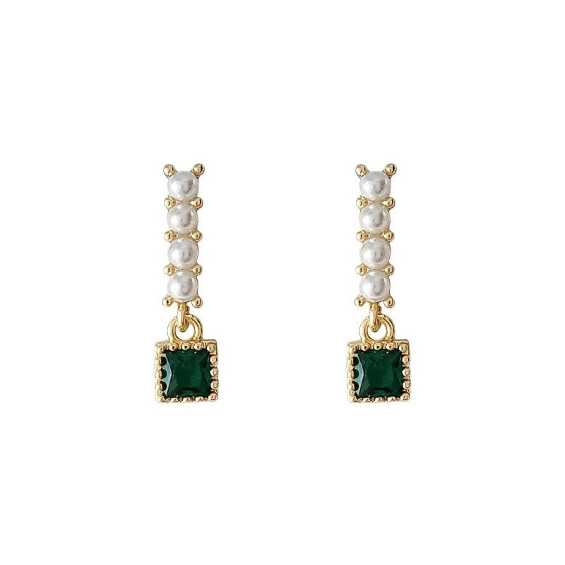 Mini Vintage Geometric Pearl Emerald Stud Earrings 14K Plated Copper Micro Pave Zircon Jewelry